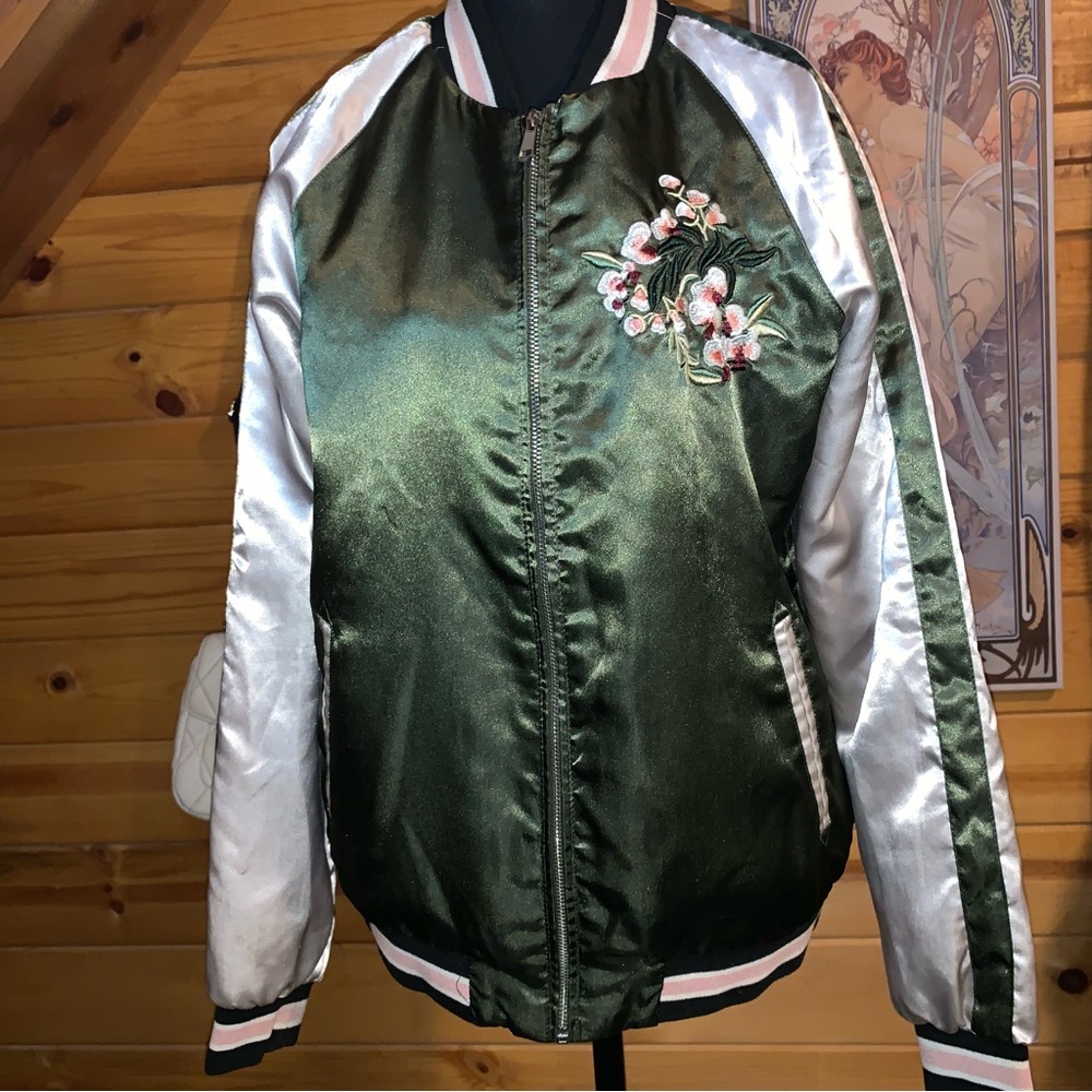 Green and White Satin Bomber Jacket with Peacock Embroidery